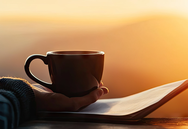 Person holding a warm mug while reading in soft morning light, representing how to protect your peace and create calm moments.